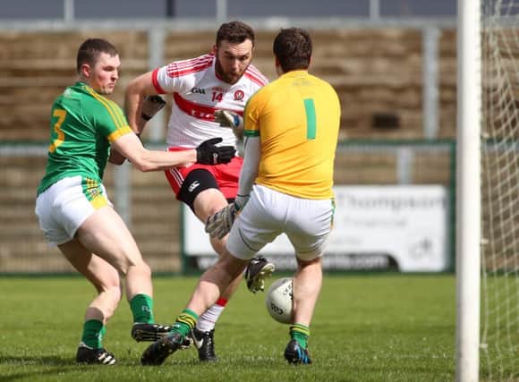 Derry's Emmett McGuckin goes close during the Division Two encounter with Meath in March .

 (Photo Lorcan Doherty / Presseye.com)