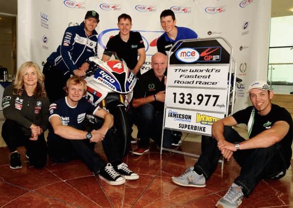 Maria Costello, Ivan Lintin, Ian Hutchinson, Dan Kneen,  and Peter Hickman pictured with clerk of the course Noel Johnston at MCE  Insurance UGP launch. INLT 28-901-CON