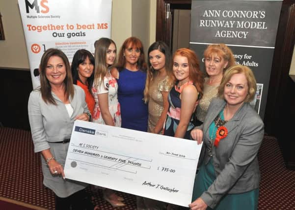 Julie Wardlow from Arthur J Gallagher; organiser Joanne McAtamney; model Kirsten McAtamney; Ann Connor from NI School of Modelling; model Brooke Wardlow, model Katie Jenkins; organiser Diane Jenkins and Samantha Robinson from the MS Society. INNT 27-503CON Pic by Stuart McCheney