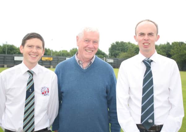 Visiting Scottish umpires Willie Ferguson and Ryan Milne welcomed to Brigade by Bertie Faulkner