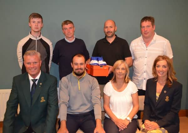 Pictured are Fyfes Motor Factors & Sphere Global Open winners. Front row left to right: Mr Emmet McNally Captain, Paul McGuigan Winner, Faye McGrotty Lady Winner Fyfes and Monica Smith Lady Captain. Back row left to right: Shane McClean Winner, Cormac McGeady Second Sphere, Stephen Doherty Second and Harry Lafferty Rep John Duffy Third Sphere.