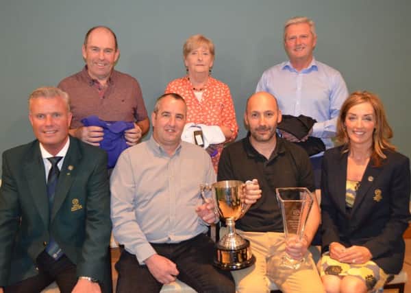 Pictured at the Alan Harkens Memorial Trophy presentation front row left to right: Mr Emmet McNally Captain, James Harkens Alan's Son, Stephen Doherty Winner and Monica Smith Lady Captain. Back row left to right: Kevin Dunn Cat. 0-10, Ann Fulton Lady Winner and John Hannaway Cat. 17+.