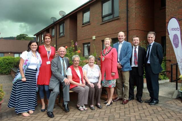 The Mayor of Mid and East Antrim, Councillor Audrey Wales, MBE and East Antrim MLA Roy Beggs joined residents and Choice Housing to celebrate Knockagh Court's 30th anniversary.  INCT 28-704-CON