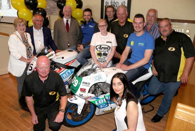 Pictured is Causeway Coast and Glens Borough Council Mayor, Alderman Maura Hickey with Terence Brannigan, Chairman Tourism Northern Ireland, William Dunlop and Armoy Road Races Clerk of the Course, Bill Kennedy with local sponsors and members of the Armoy Motorcycle and Road Racing Club.