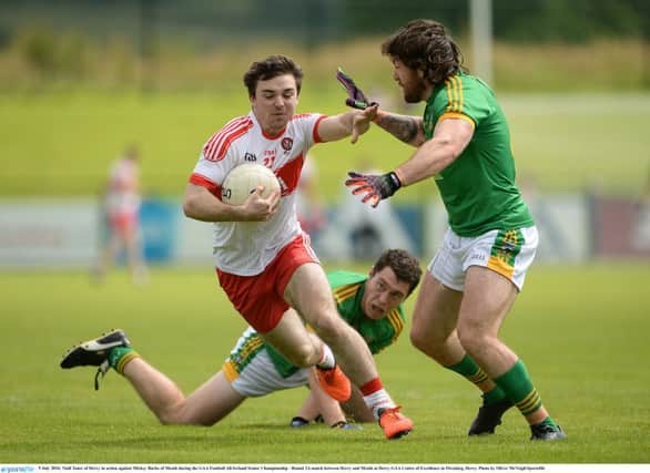 Niall Toner of Derry in action against Mickey Burke of Meath during the GAA Football All-Ireland Senior Championship - Round 2A match between Derry and Meath at Derry GAA Centre of Excellence in Owenbeg, Derry. Photo by Oliver McVeigh/Sportsfile