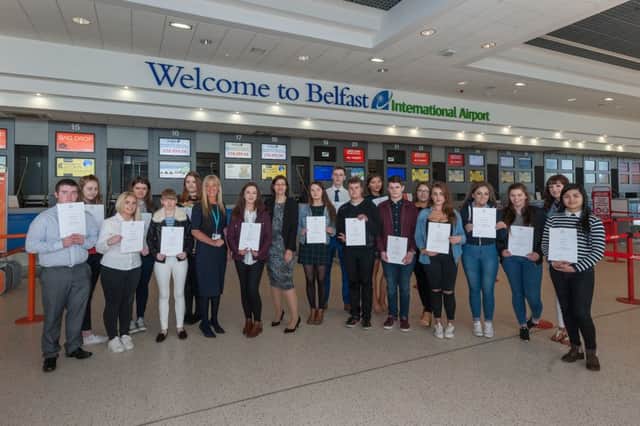 Successful Travel and Tourism students pictured with Deborah Harris PR Manager at Belfast International Airport and Karen McLeod, Travel and Tourism lecturer at Northern Regional College.