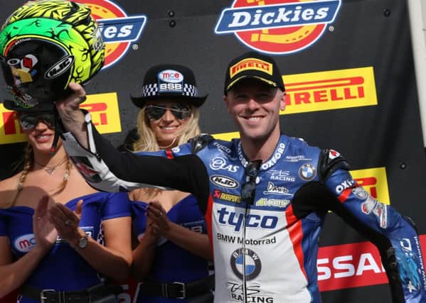 Michael Laverty celebrates his third place in Sunday's British Superbike round at Snetterton. Picture: Bonnie Lane.