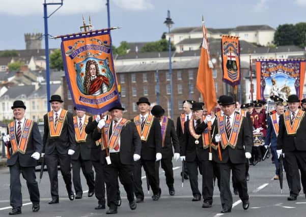 The officers of City of Derry Grand Orange Lodge pictured at the head of the parade. INLS2816-114KM