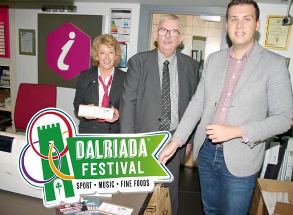 Operation Committee Chairman, Alderman John Carson, centre, was on hand to launch the initiative with event organiser, Philip Davison, right and Rita Gibson, from the Visitor Information Centre (VIC) at The Braid, Ballymena, where the tickets are available.