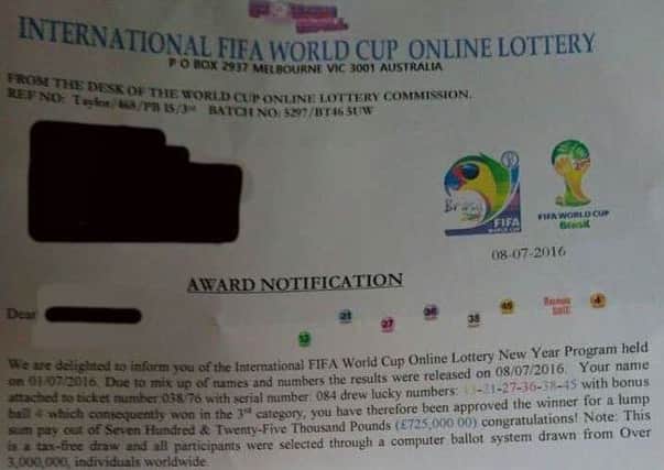 The lottery scam letter that has been sent to addresses in Mid Ulster