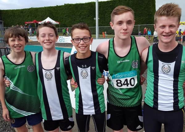 Ballymena and Antrim Athletic Club's U14 4x100 metre relay team who won gold at Tullamore. From left: Zane McQuillan, Adam Kane, Caleb Moore, Owen Johnston, James Wright.