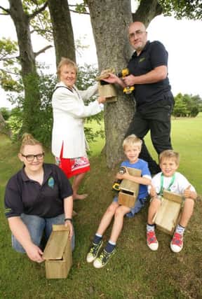 Mayor of Mid & East Antrim, Councillor Audrey Wales, gets hands on building biodiversity in the Borough with help from Jacob and Michael Zinny, and Conservation Volunteers Rebecca Stephenson and Chris Wood.