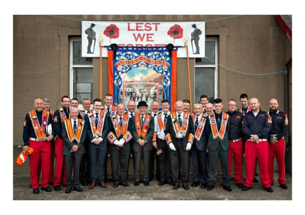 Members of LoL 834 accompanied by Lord Rogan at Dromore Orange Hall on The Twelfth. Picture: David Copeland.