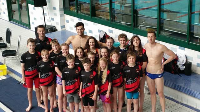 Some young Banbridge ASC swimmers with coach Colin McMullen and two Rio-bound Olympic competitors.