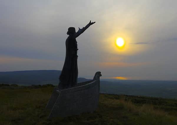 The statue of Manannan Mac Lir back up on Binevenagh. INLV0916-659KDR