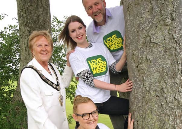 Mayor of Mid and East Antrim Borough Councillor Audrey Wales  officially launches Love Parks Week 2016. She is pictured with Alison Diver, (in middle) Growing Communities Officer, Mid and East Antrim Borough; Michael Patterson (top of picture) Mid and East Antrim Borough Supervisor at Parks and Open Spaces Section and Rebecca Stevenson, from the Conservation Volunteers. INLT-29-721-con