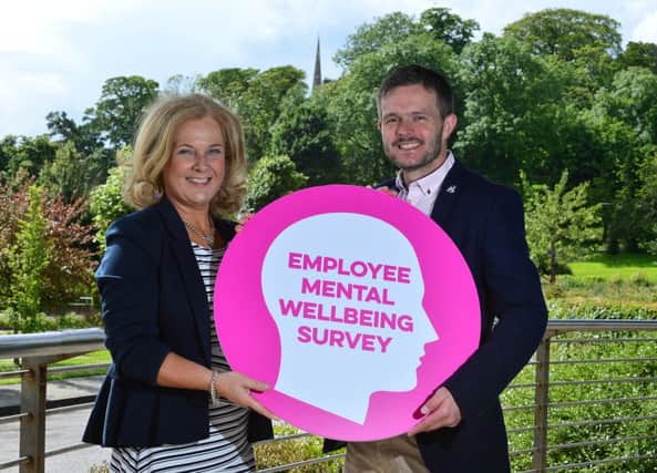 Lagan Valley MLA Robbie Butler launches the survey with Denise Cranston of Business in the Community. INUS Mental Health.