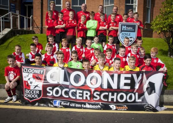 Three teams from the local Clooney Soccer School pictured before taking part in the Hughes Insurance Foyle Cup parade on Tuesday.