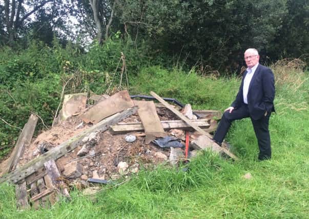 Sydney Anderson MLA pictured with the materials that have been dumped on the Derrykeeran Road, Birches Portadown.