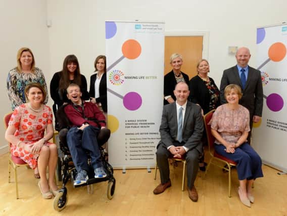 Speakers at the Making Life Better Showcase Event. Back row (L-R): Noreen OCallaghan (ABC council), Ruth Hamilton (support worker), Tracey Powell (SHSCT), Fiona Teague (PHA), Donna Haughian (SHSCT), DR. Michael Hoy (SHSCT)
Front Row (L-R): Roberta Brownlee (Chairperson, SHSCT), Ray Hamilton (PPI rep), Gerard Rocks (SHSCT), Angela McVeigh (SHSCT)
