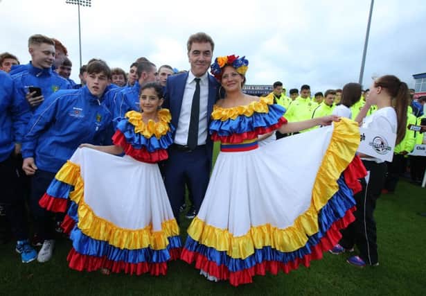 Actor Jimmy Nesbitt meets football players from Chile at Coleraine Showgrounds after the SuperCupNI 2016 Welcoming Parade & Ceremony in Coleraine town centre.

Photo by Kelvin Boyes / Press Eye