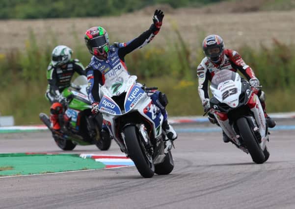 Michael Laverty celebrates his BSB race victory at Thuxton on Sunday. Picture: Bonnie Lane.