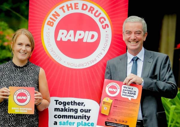 Pictured at the launch of RAPID (Remove All Prescription and Illegal Drugs) is Kelly Gilliland from PHA and Liam Ennis from the PSNI. (Submitted Pic).
