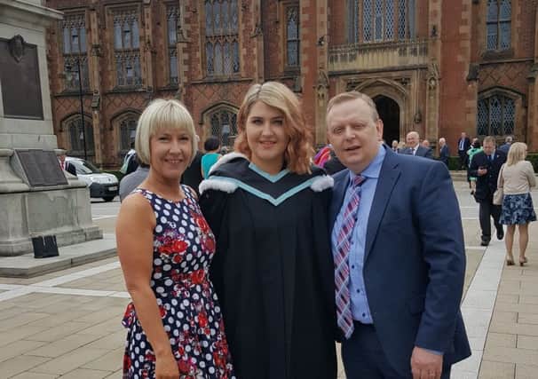 Alexandra McCarthy from Warringstown, with her Mum Jane and her Dad Harpur at her recent graduation from Queen's University. Alexandra is now working for Red Bull.com in Saltzburg.