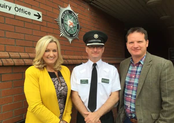 Discussing local policing priorities were Jo-Anne Dobson MLA, PSNI District Commander Superintendent David Moore and Cllr Glenn Barr.