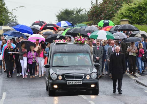 Pacemaker Press 28/7/2016:  The Funeral of Michelle McStravick one of  two women who were killed in a car crash while driving to work in Randalstown.
Dearly beloved daughter of Edward and Elizabeth and mother of Cliodhan. The Funeral took place at St. MacNissi's Church in Randalstown, Co. Antrim, Northern Ireland.
Picture By: Arthur Allison/Pacemaker