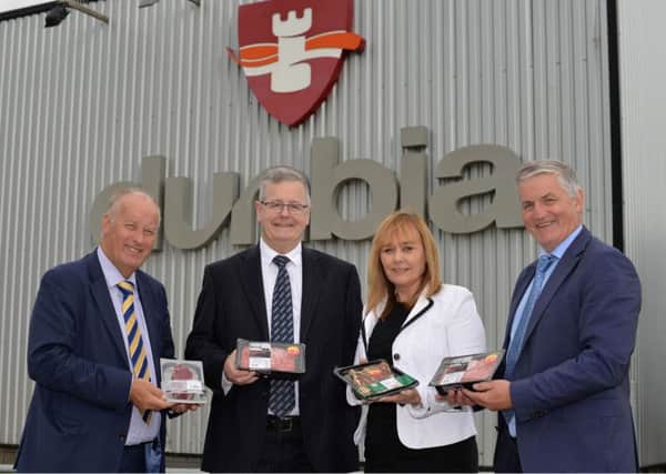 Agriculture Minister Michelle McIlveen visited Dunbia's retail and processing facilities in Dungannon, Co Tyrone where she met with Group Executives to discuss the processing sector. Pictured (from left) are; Mr Jack Dobson, Dunbia Group Executive Director, Mr Tony O'Neill, Deputy Chief Executive, DAERA Minister Michelle McIlveen and Mr Jim Dobson OBE, Dunbia Group Chief Executive