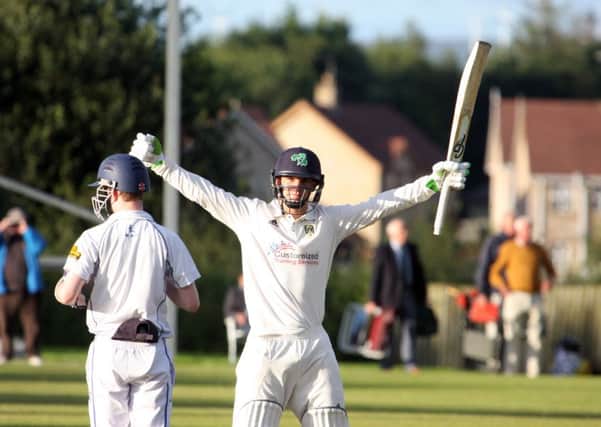 The moment the cup was won. Andy McBrine salutes the crowd after his 88 not out won the Bank of Ireland Senior Cup. Picture by Barry Chambers