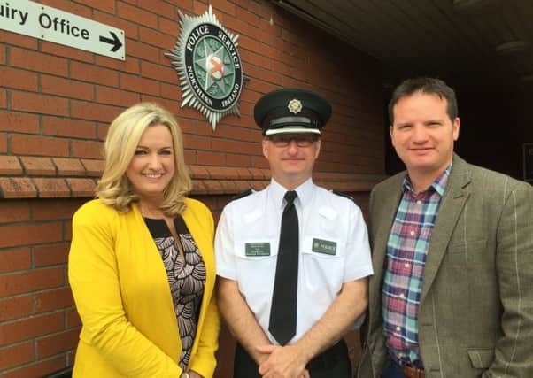 Discussing Banbridge district policing priorities are Jo-Anne Dobson MLA, PSNI District Commander Superintendent David Moore and Councillor Glenn Barr.