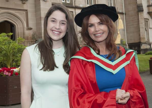 Roma Downey, actress and film producer, with her daughter Reilly, at Magee. (Photo: Nigel McDowell/University of Ulster)