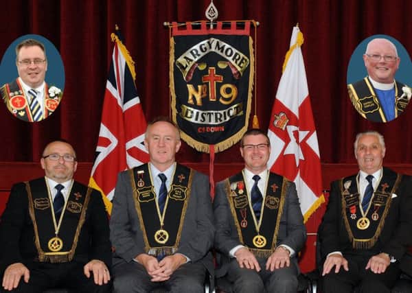 Largymore Royal Black District Chapter No 9 Office Bearers.  L to R: Sir Knights Stephen Law (District Treasurer), Kenneth Gardner (Worshipful District Master), Paul McCarroll (District Registrar) and Robert Orr (District Lay-chaplain).  Inset photos: Sir Knights Mark Jamison, Deputy District Master (left) and Rev Stephen Walker, District Chaplain (right).