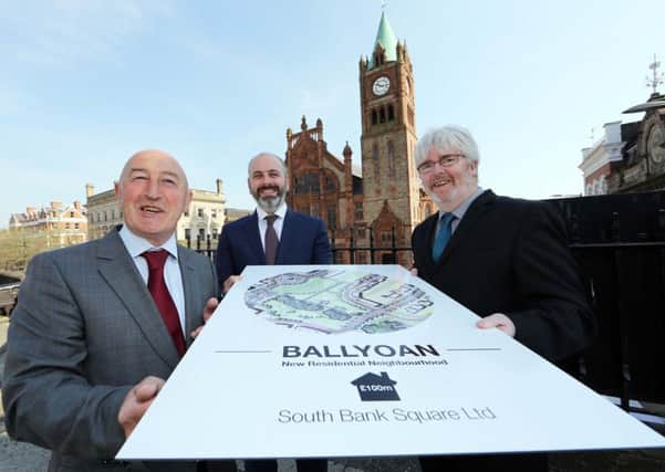 L-R Seamus Gillan (South Bank Sq), Brian Kelly (Turley), John Quinn (ASI Architect) submit Â£100m plans for new homes, outside the Guildhall.
