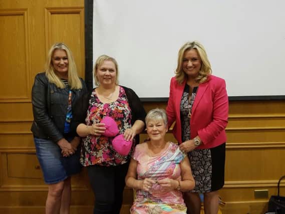 Attending the inaugural meeting of 'Knitted Knockers' were from L to R Belinda Dale, organiser Joanne Harris, champion knitter Anne and Jo-Anne Dobson MLA.