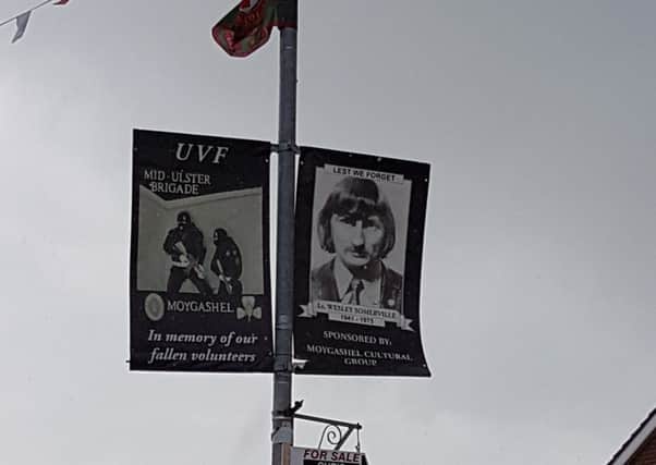 The poster erected in tribute to Wesley Somerville, Miami Showband killer, in Moygashel.