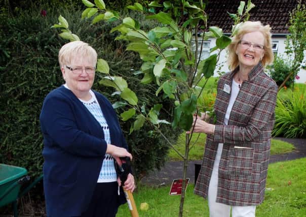 Isobel Law and Rhoda Baxter plant a tree in the Chris Law Garden at the Pavestone Centre.