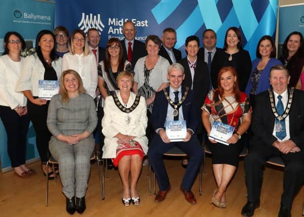 Anne Donaghy (Chief Executive Mid and East Antrim Borough
Council), Chris Wales (Chamber of Commerce), Mayor Cllr. Audrey Wales MBE,
Ronan McCann (Chamber of Commerce President) and Alison Moore (Chamber of Commerce) at the launch of the 2016 Ballymena Business Excellence Awards