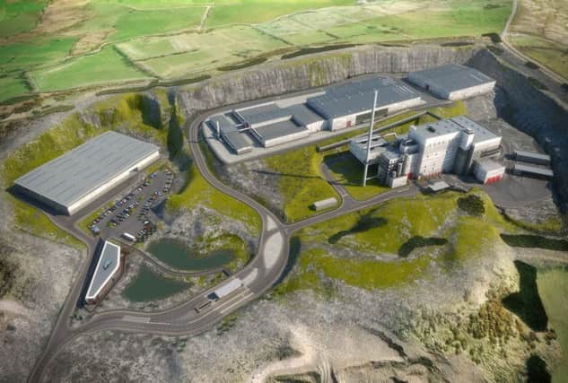 A computer-generated image of the proposed residual waste treatment plant development at Hightown Quarry, Mallusk.