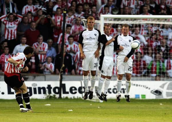 Derry City's  Kevin Deery scores his teams second goal during the UEFA Cup second qualifying round first leg match against Gretna at Fir Park, Motherwell.