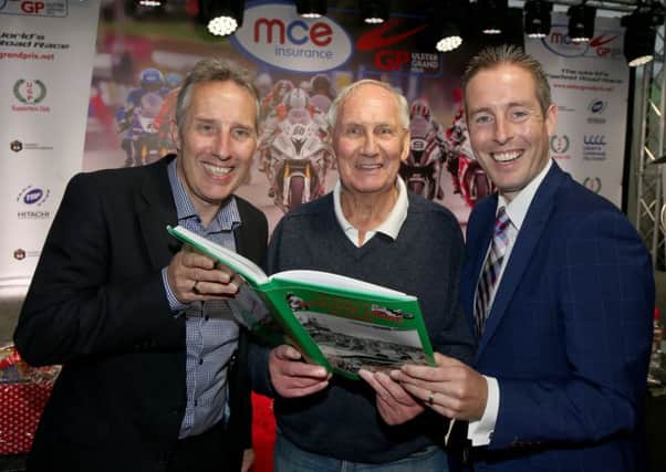Eddie Mateer launches his new road racing book, The History of Ulster Road Racing at the Ulster Grand Prix with Ian Paisley, MP and Sports Minister, Paul Givan. 
PICTURE BY STEPHEN DAVISON