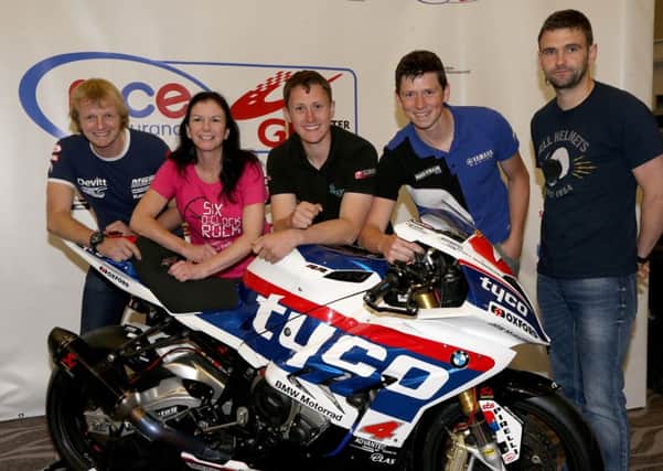 Pictured at the MCE Insurance Ulster Grand Prix launch event is Ivan Lintin, Laura Shuttleworth SERC HNC Creative Media Production student from Belfast, Dean Harrison, Dan Kneen and William Dunlop which took place at the Ramada Plaza Hotel, Belfast on 4th July.