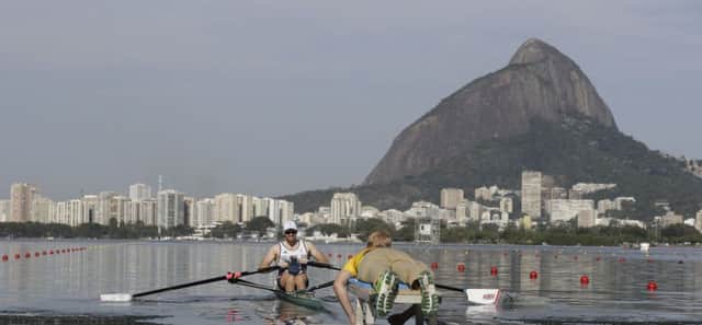 Great Britain's Alan Campbell competes in the Men's single sculls heats in Lagoa during the 2016 Summer Olympics in Rio de Janeiro, Brazil, Saturday, Aug. 6, 2016. (Luca Bruno)