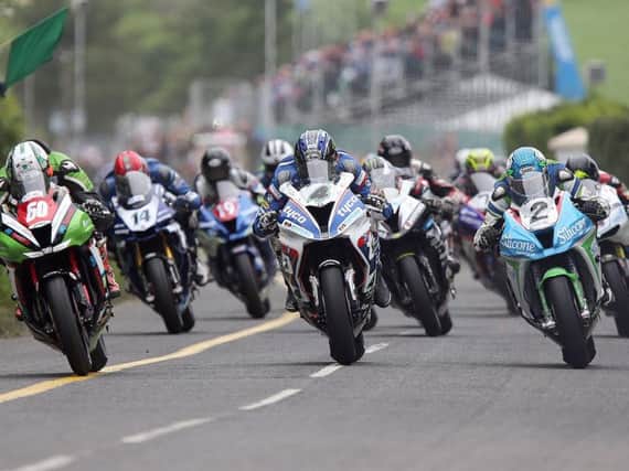 The start of the second Superbike race at the MCE Ulster Grand Prix.