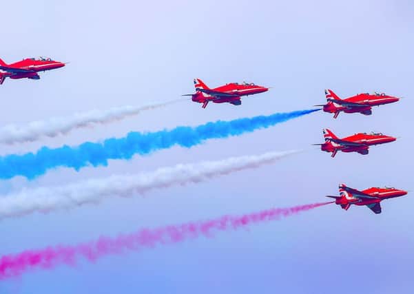 The Red Arrows performing at this weekends Air Waves Portrush. Organised by Causeway Coast and Glens Borough Council, over 100,000 spectators are expected to descend upon Portrushs eastern shoreline for two days of thrilling flying displays.