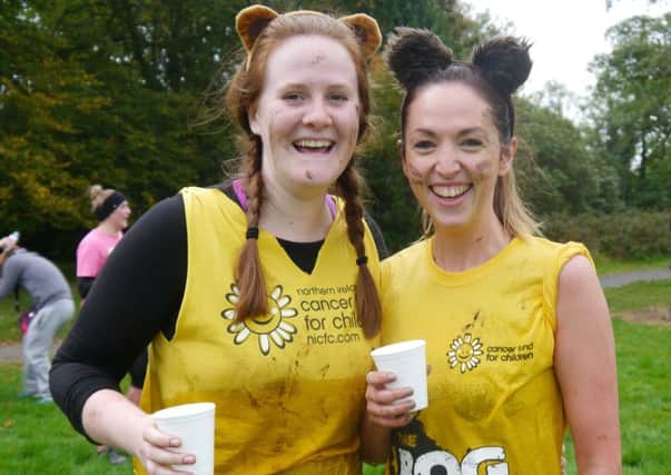 Pictured from left to right: Louise Montgomery from Ballymena with her friend Cara McGimpsey are encouraging the Northern Irish public to 'get boggin' by signing up to Cancer Fund for Children's Bog Run on Sunday 9th October. (Submitted Picture).