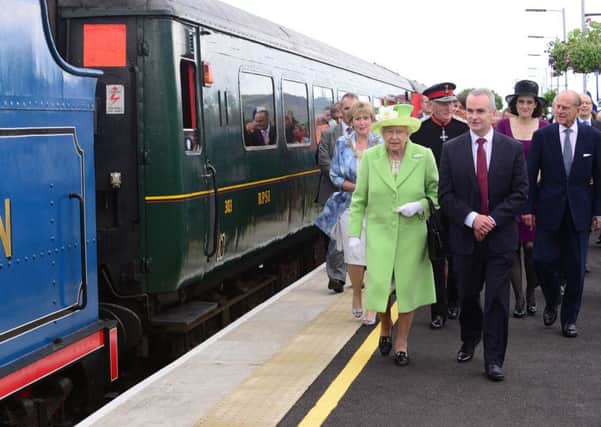 Pacemaker Press Belfast 28-06-2016: The Queen in Northern Ireland: Visit takes in north coast landmarks.
The Queen and Duke of Edinburgh pictured at Coleraine rail station for their North Coast steam train historic journey from Coleraine and Bellarena as part of her coronation tour back in 1953. during a visit to the north coast on Tuesday as part of their two-day visit to Northern Ireland. 
Picture By: Arthur Allison.