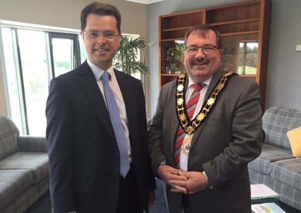 Secretary of State James Brokenshire MP with Mayor of Antrim and Newtownabbey, Cllr John Scott. INNT 34-500CON